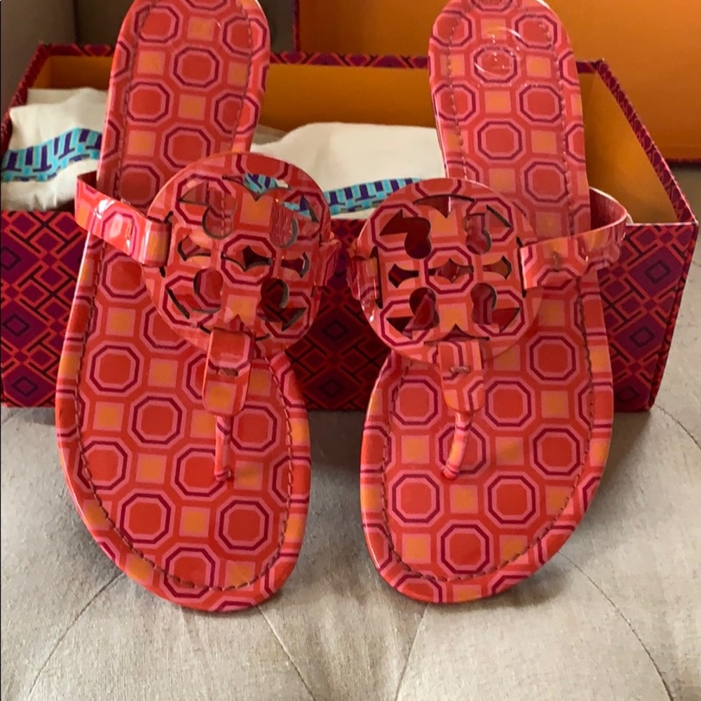 EUC printed patent Tory Burch Miller sandals